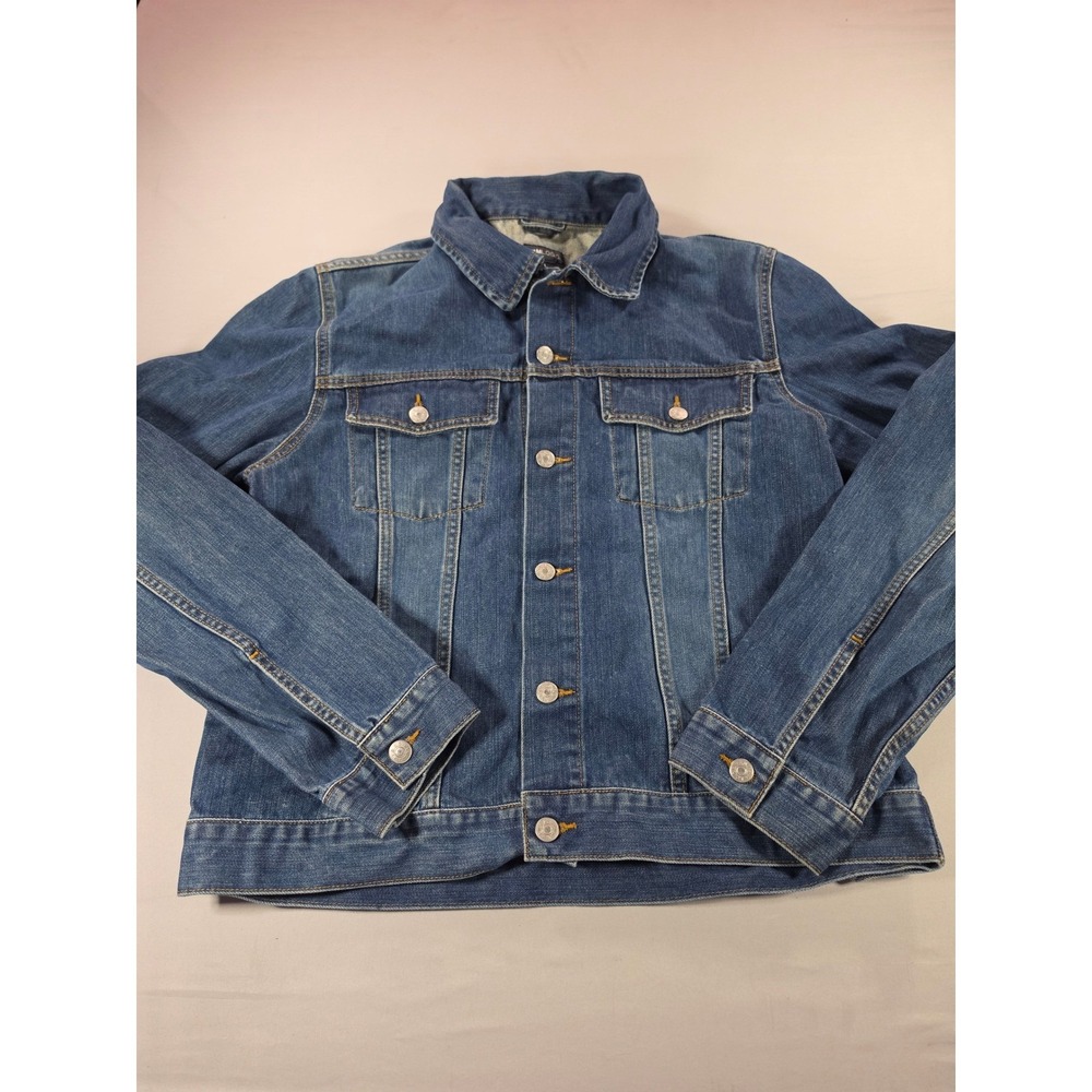 HM LOGO Mens Large Blue Denim Trucker Jacket Medium Wash Button Up Coat 1612